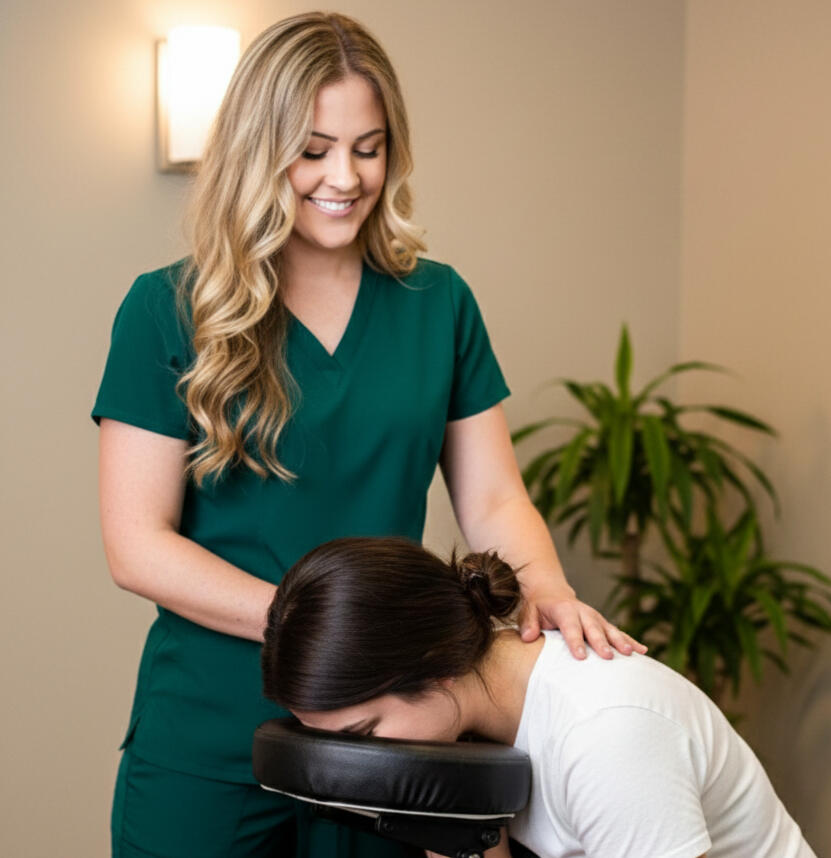 Trisha in green scrubs with a massage client Trisha in green scrubs with a massage client